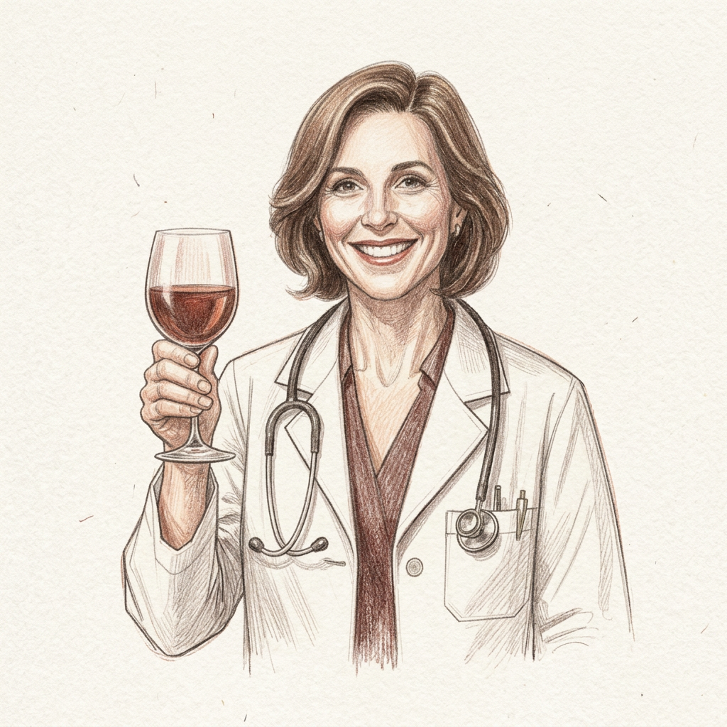 Ilustración de una doctora brindando con una copa de vino